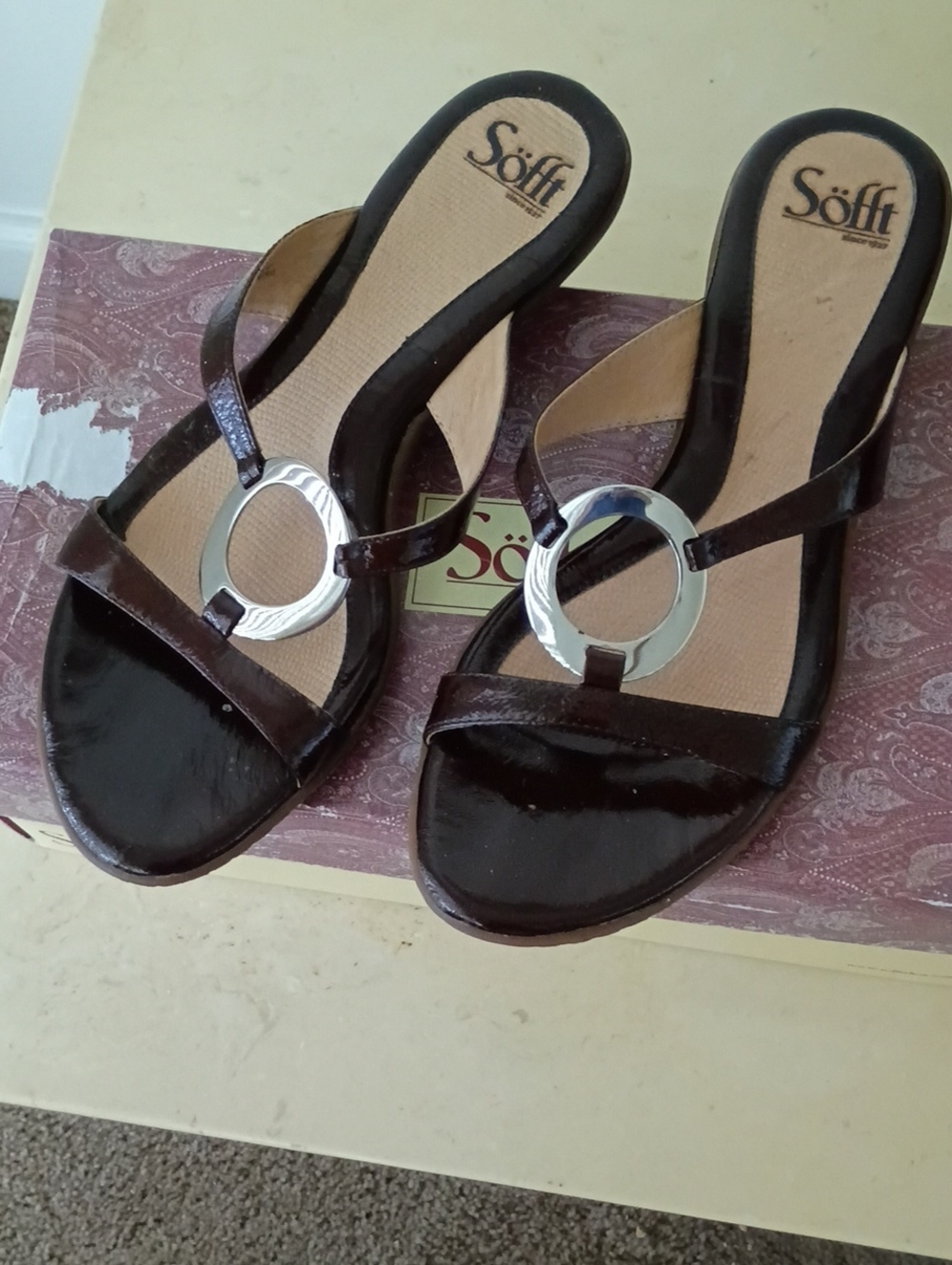 Söfft Dark Brown Patent Slide Sandals with Silver Ring Accent